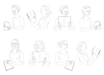 Collection. Silhouette of a lady. The girl is reading a book in a modern one-line style. Solid drawing, home decor sketches, posters, wall art, stickers, logo. Vector illustration set.