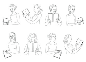 Collection. Silhouette of a lady. The girl is reading a book in a modern one-line style. Solid drawing, home decor sketches, posters, wall art, stickers, logo. Vector illustration set.