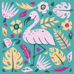 Flamingo square hand drawn illustration. Pink tropical bird, yellow palm leaves, flowers on green background. Flat vector botanic poster, travel postcard