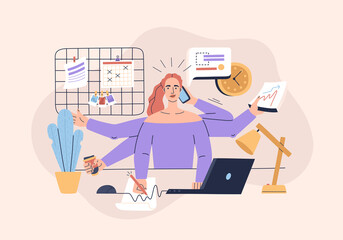 Multitasking girl performs many tasks at the same time. Concept of workplace at home for a freelancer. Hand drawn vector illustration isolated on light background. Modern flat cartoon style.