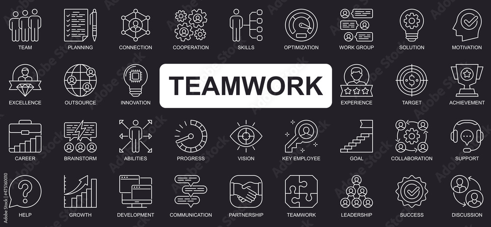Aufkleber teamwork concept simple line icons set. bundle of team, planning, connection, cooperation, optimizat