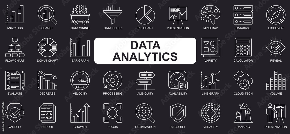 Poster data analytics concept simple line icons set. bundle of search, mining filter, pie chart, presentati