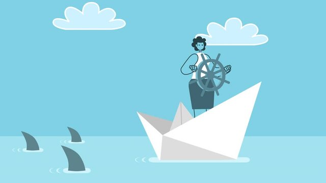 Cartoon woman sailing away on paper boat from three sharks. Flat Design 2d Character Isolated Loop Animation