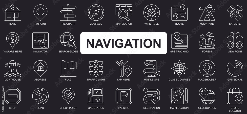 Poster navigation concept simple line icons set. bundle of home, pinpoint, compass, map, search, route, mou