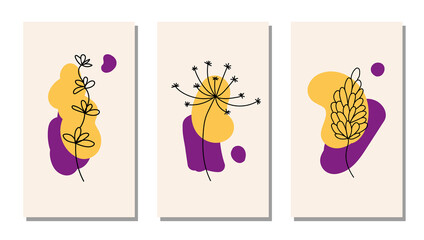 Set of black minimalistic flowers on a background of abstract geometric shapes. Trending colors. Beautiful cute poster. Vector illustration.