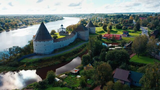 Old Russian fortress. Ancient fortress on the coast of Volkhov river in the town of Staraya Ladoga (Old Ladoga) in Russia. Aerial view of the ancient fortress.