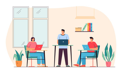 Employees sitting and standing at computer desks in office. Cartoon men and women in ergonomic work space flat vector illustration. Ergonomic workplace or furniture concept for banner or landing page