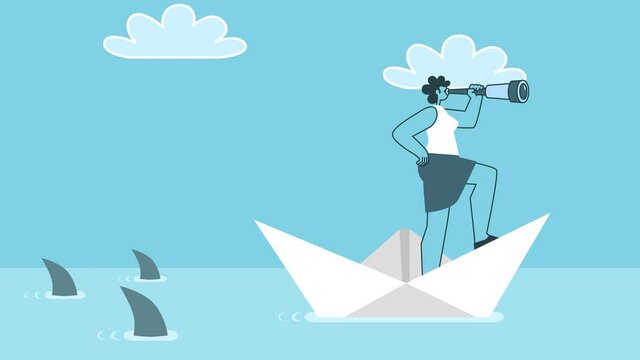 Cartoon woman looking through a telescope and sailing away on paper boat from three sharks. Flat Design 2d Character Loop Animation