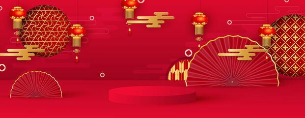 Platform and podium for presentations. Festive Christmas background, hanging lanterns, fans, traditional patterns. Happy new year of the tiger. Vector