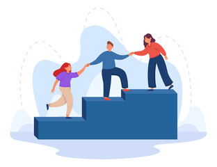 Help and support to climbing employee from mentor or leader hand. Team of corporate people walking up ladder together flat vector illustration. Success career growth, leadership, teamwork concept