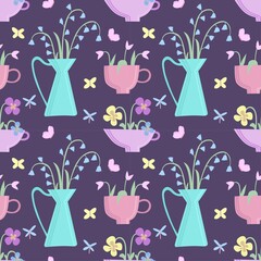 Spring seamless pattern. A cup with flowers, a vase with flowers. Primroses. Vector illustration in naive flat style. Pattern for fabric, paper, textiles, wallpaper.