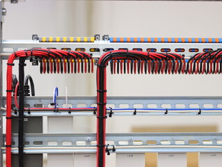 Connection of colored copper insulated wires in the electrical panel.