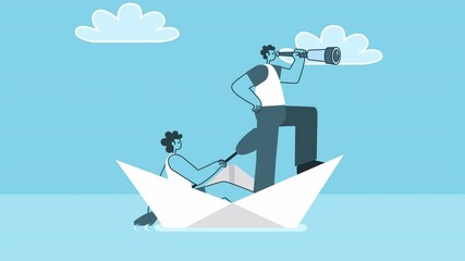 Cartoon teamwork concept. Man looking through  telescope and woman row with oars of paper boat. Flat Design 2d Characters Isolated Loop Animation with Alpha Channel