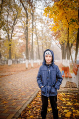 A boy in a blue jacket walks in an autumn park
