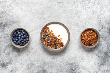 Yogurt with homemade granola and blueberries on a gray concrete background. Top view, copy space.