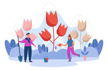 People growing tulips in spring garden. Tiny happy man and woman holding shovel and watering can in hands, cultivating flowers flat vector illustration. Springtime nature, agriculture, hobby concept