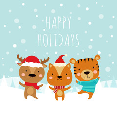 Obraz na płótnie Canvas greeting card with cute forest animals, vector illustration