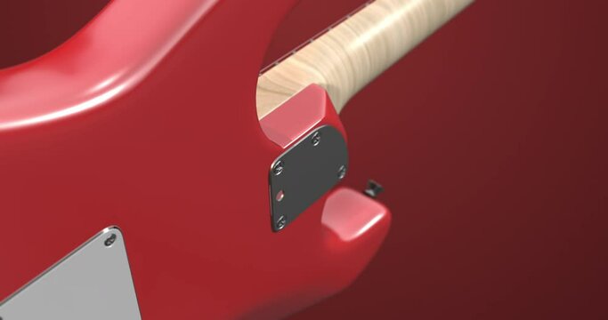 Red Shiny Beautiful Electric Guitar Moving And Rotating Slowly. Macro Shot With Depth Of Field. Art And Entertainment Related 4K 3D Motion Graphics.