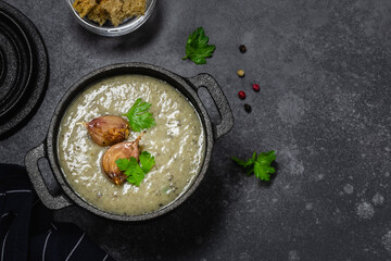 Creamy mushroom wild rice soup. Top view, copy space.