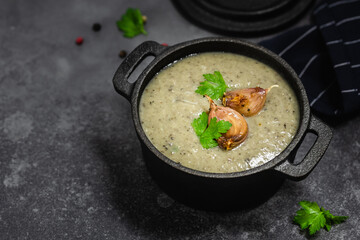 Healthy creamy mushroom soup. Space for text.