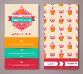 Obraz premium Set Of Happy Valentines Day Greeting Card or Flyer. Vector illustration. Typographical Frame Template for Text. Ornamental Background With Butterfly, Hearts and Cupcake flat icons