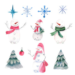 Winter watercolor set. Winter holiday elements for design. Snowmen, Christmas trees, snowflakes