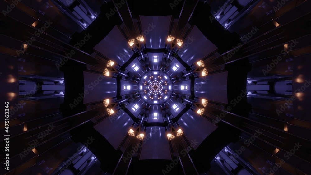 Poster 3d rendering of a futuristic kaleidoscope hallway towards a portal with colorful neon lights