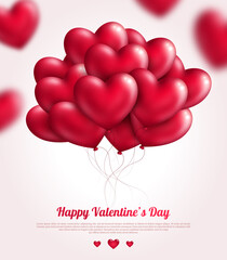 Valentine's day background with red flying bunch of hearts balloons. Vector illustration. Festive background for Mothers day or Womans Day. © kotoffei