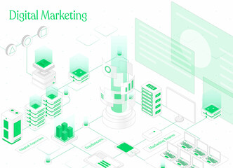 Modern flat design isometric concept of Digital Marketing for banner and website. Abstract 3d vector background. Web development, social media concept. Landing page template. Digital technologies