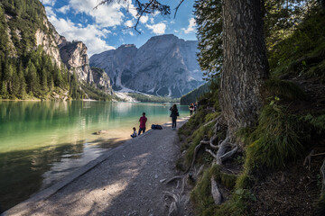 Sunny day on Lake Braies in Dolomites in Italy