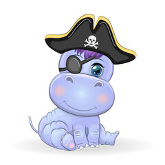 Hippopotamus pirate, cartoon character of the game, wild animal in a bandana and a cocked hat with a skull, with an eye patch. Character with bright eyes