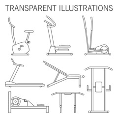 Fitness and gym equipment, exercise machine. Set of vector illustration. Exercise bike, weight and workout bench, elliptical trainer, wall horizontal bar, treadmill, stepper, rowing machine.  