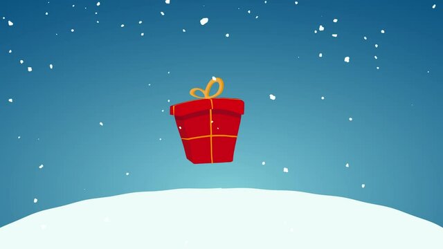 Animation of a red Christmas present illustration popping in and jiggling in the blue snowy air. Christmas box on a dark blue background with snow falling down. Footage. 