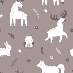 Seamless pattern with forest animals. Deer, elk, owl, hare, fox. Vector illustration on a dark background