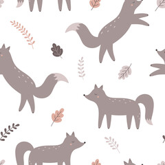 Seamless pattern with cute cartoon foxes. Vector illustration for printing on fabric, children's clothing, wrapping paper
