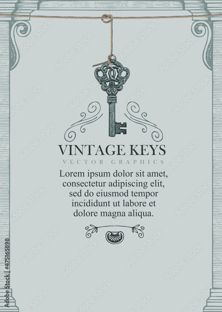 Poster vector background with a beautiful old key and a place for text in a hand-drawn frame on a grey back