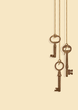 Vector background with beautiful old keys and a place for text on an old paper background. Vintage illustration decorated with three realistic golden antique keys hanging on strings.