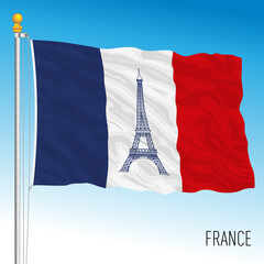 Fancy France flag with Eiffel tower symbol in the center, vector illustration