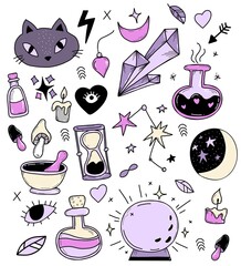Vector collection of witch - Amulets, magic, witchcraft and occult ritual objects. cat and magic ball, love potion and magic mushrooms, crystal and starry sky with moon. Vector illustration. Isolated