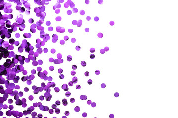 Purple round confetti on white background. Festive day backdrop. Flat lay style with minimalistic...