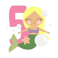 Mermaid Party Invitation Card Template, Birthday Party in Mermaid Style Celebration, Greeting Card. Kids illustration with cute mermaid and number five. Illustration in cartoon style. Vector.