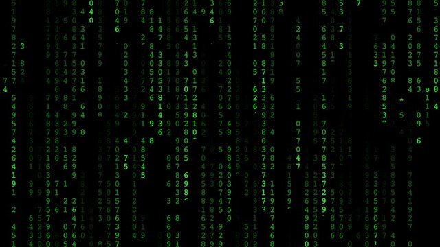Matrix Loop raining code numbers in green, white and rainbow colors including mask