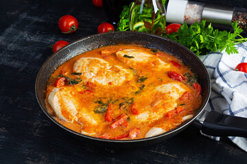 Stew chicken breast with tomato, pepper and spinach in pan