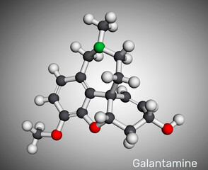 Galantamine, molecule. It is tertiary alkaloid, used to trate dementia, Alzheimer's disease. Molecular model. 3D rendering