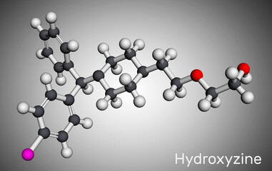 Hydroxyzine molecule. It is antihistamine drug, used to treat anxiety and tension, as well as  pruritus and chronic urticaria. Molecular model. 3D rendering