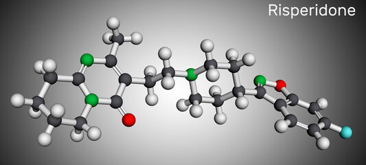 Risperidon molecule. It is antipsychotic medication, used to treat of schizophrenia, bipolar mania, psychosis, depression. Molecular model. 3D rendering