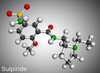 Sulpiride molecule. It is antipsychotic, neuroleptic medication for the treatment of schizophrenia. Molecular model. 3D rendering