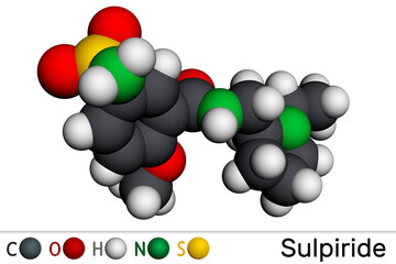 Sulpiride molecule. It is antipsychotic, neuroleptic medication for the treatment of schizophrenia. Molecular model. 3D rendering