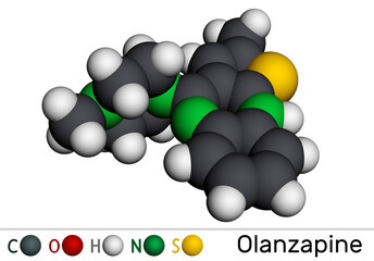Olanzapine molecule. It is atypical antipsychotic drug for the treatment of schizophrenia, bipolar disorder. Molecular model. 3D rendering. Illustration 