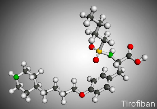 Tirofiban molecule. It is non-peptide tyrosine derivative, with anticoagulant activity, prevents the blood from clotting. Molecular model. 3D rendering